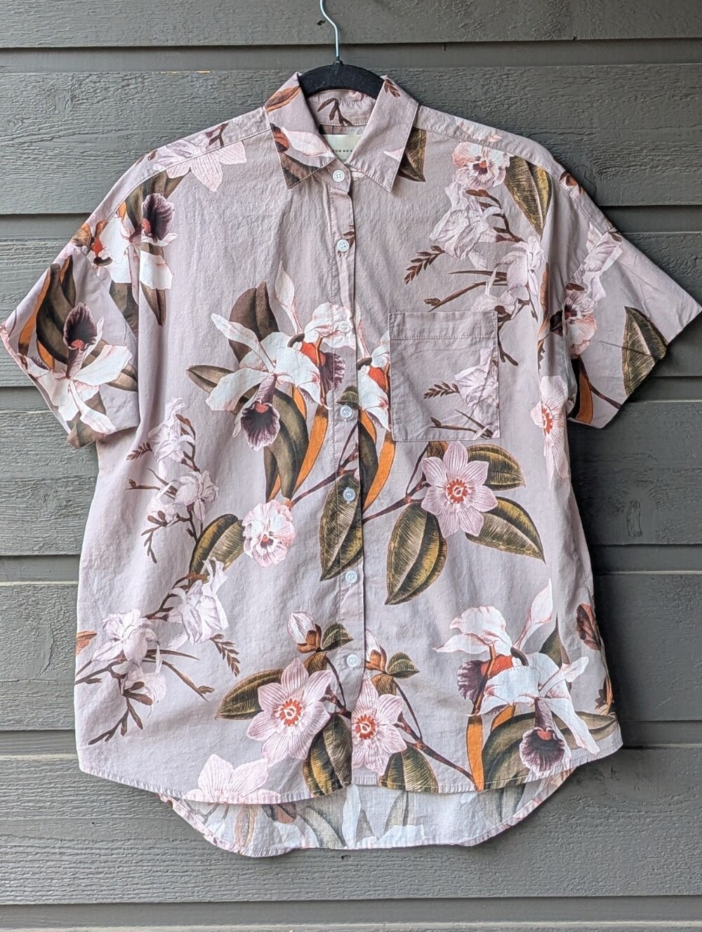 Maison Du Soir Tropical Floral Short Sleeve Button Front Blouse Size Small